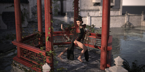 Woman from China Posing Dance and Fighting Figures in Chinese Pavilion with Chinese Landscape Background. 3d rendering, 3d illustration, 3d art.