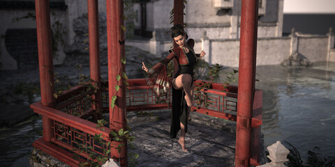 Fototapeta na wymiar Woman from China Posing Dance and Fighting Figures in Chinese Pavilion with Chinese Landscape Background. 3d rendering, 3d illustration, 3d art.