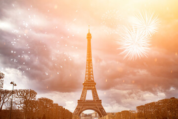 Colorful fireworks in Paris, Eiffel tower.