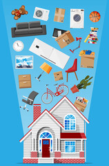 Wooden building full of home stuff inside. Moving to new house. Family relocated to new home. Boxes with goods. Package transportation. Computer, lamp, clothes, books. Flat vector illustration