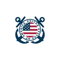 Colored illustration of crossed anchors, flag, text, stars on a white background.Vector illustration for logo, emblem, sticker, badge. Heraldry of the United States of America. Marine emblem.