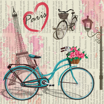 Paris vintage background Eiffel Tower and bicycle.