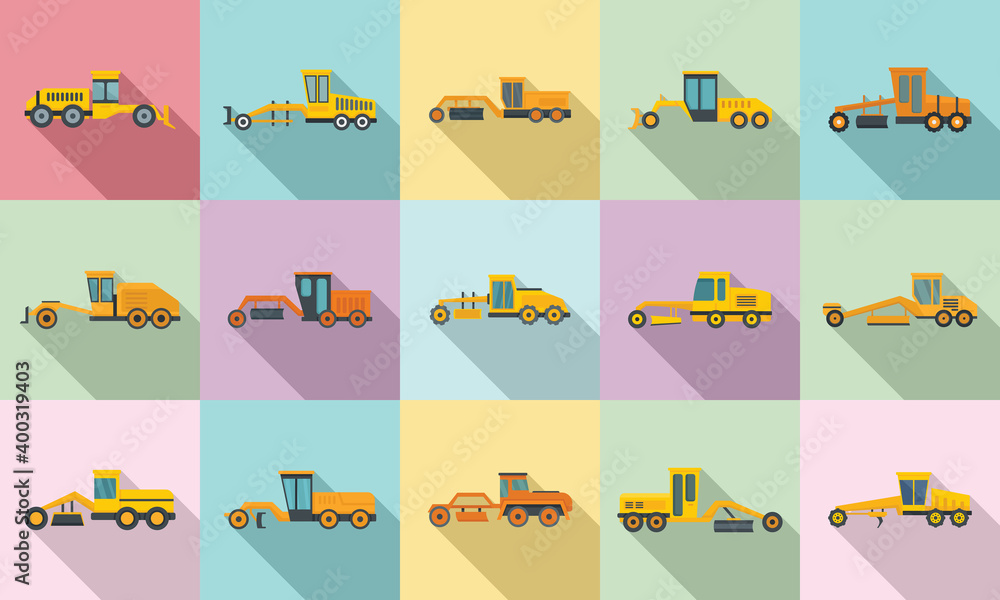 Poster grader machine icons set. flat set of grader machine vector icons for web design