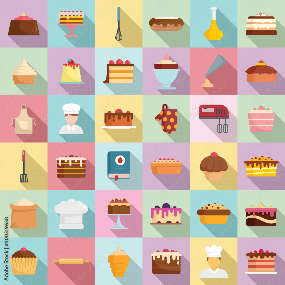 Poster confectioner icons set. flat set of confectioner vector icons for web design