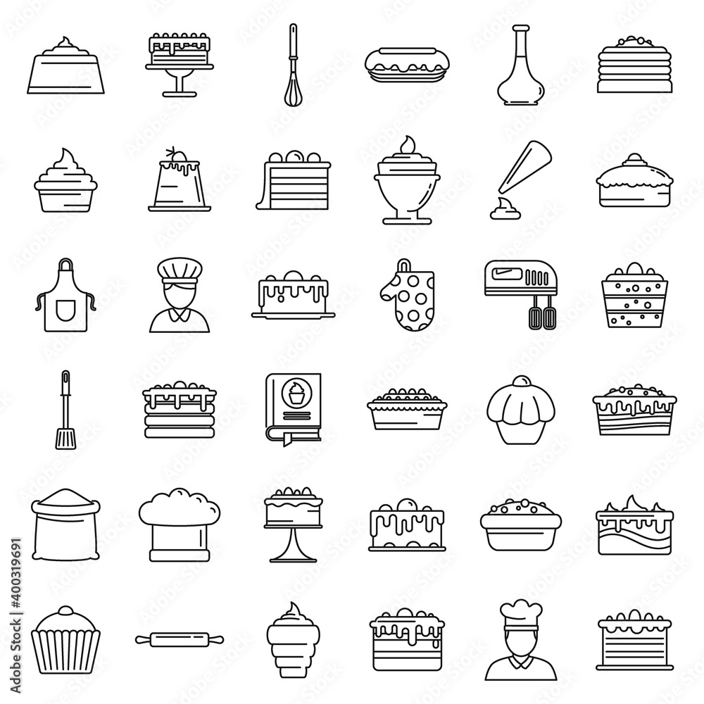 Poster confectioner home icons set. outline set of confectioner home vector icons for web design isolated o