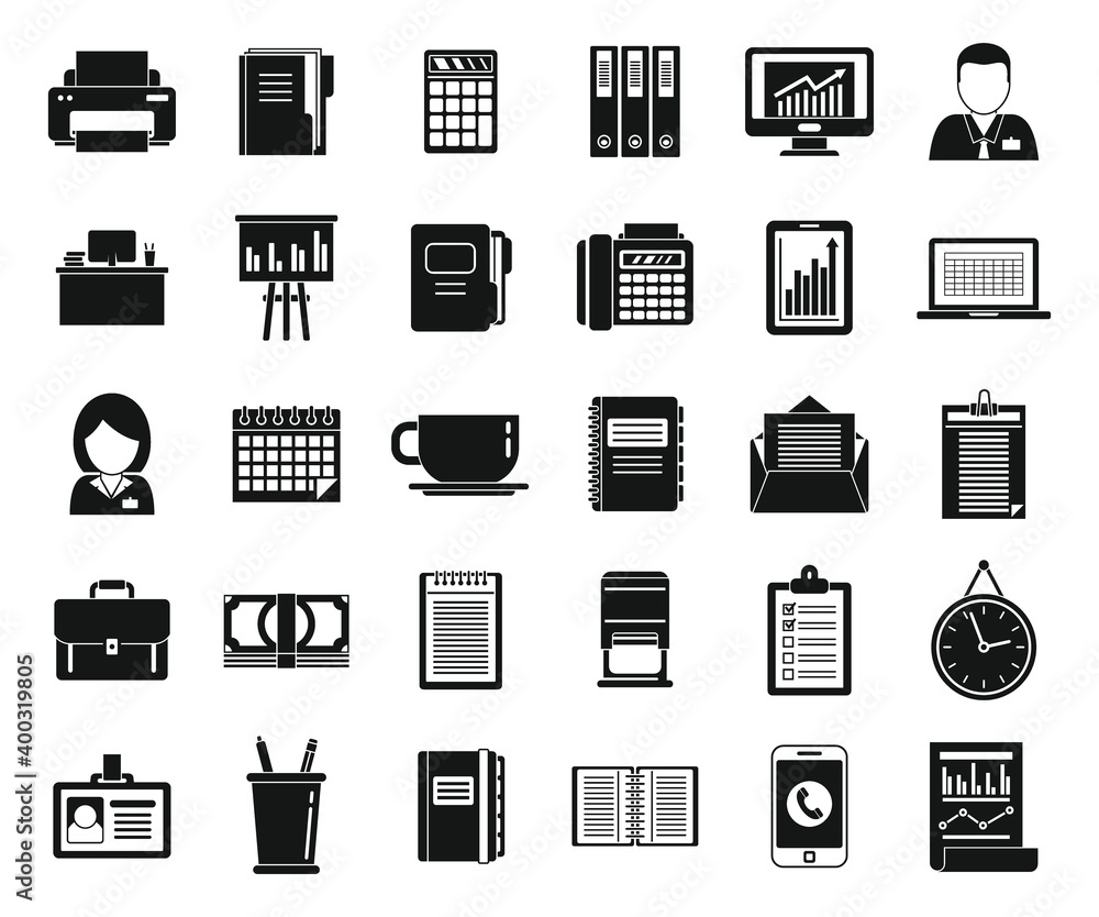 Poster office manager time icons set. simple set of office manager time vector icons for web design on whit