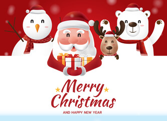 New Year greeting card with Santa Claus holding gift box, snowman, reindeer and polar bear