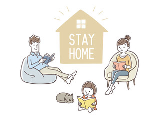 ベクターイラスト素材：おうち時間、ステイホーム、家で読書をする家族
