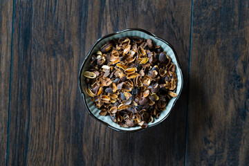 Dried Cascara Coffee Cherry Pulp and Outer Skin in Bowl.