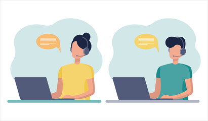 Fototapeta na wymiar Online consultant. A woman and a man work on a laptop, communicate on a headset and in messages. home office, vector flat style on white background