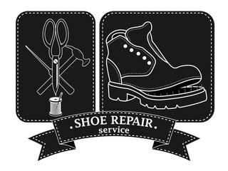 Shoe repair service. Vector image of logo. Trendy concept in old retro style