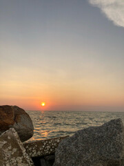 Sunset Orange Beach Rocks Fishing Relax Dawn Dusk Sky Clouds