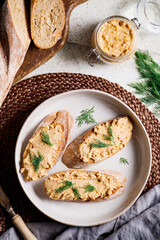 Toasts with pate and fresh dill. Healthy appetizer.