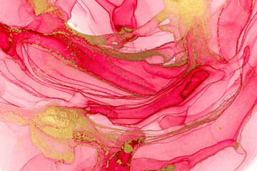 Abstract layers of pink paint background. Pink and gold watercolor pattern.