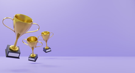 Winners gold cups on purple background. Trophies with stand. 3d rendering.