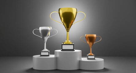 Winners podium with cups. Gold, Silver, and Bronze on dark background. Trophies with stand. 3d...