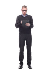 Attractive middle-aged man writing on clipboard