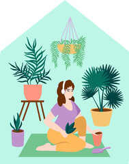 Obraz na płótnie Canvas Home activity of young woman. Girl grow houseplants, home gardening and planting. Vector flat illustration. Isolated on white.