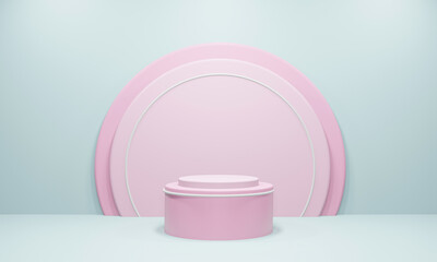 Pink cylinder podium to place products Blue background 3D rendering