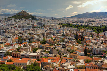 Greece, panoramic north view of Athens city from Acropolis under impressive sky