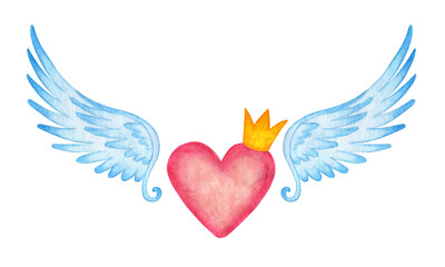 Obraz premium Watercolor illustration of a pink heart in a crown with angel wings. Postcard for valentine's day, wedding or other holiday. Isolated on white background. Drawn by hand.