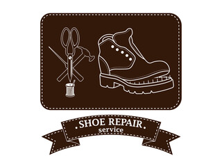 Shoe repair service. Vector image of logo. Trendy concept in old retro style