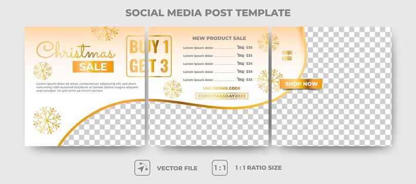 Set of editable square puzzle banner template. Christmas sale social media post template with gold color. Flat design vector with photo collage. Usable for social media and banner