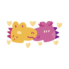 Cute colorful vector doodle with dinosaurs in love. Hand drawn dinosaurs with heart. Vector template for card, postcard, banner, poster, sticker and social media