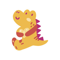 Cute colorful vector doodle with dinosaur. Hand drawn dinosaur with heart. Vector template for card, postcard, banner, poster, sticker and social media