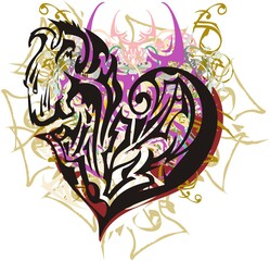 Decorative heart colorful splashes. Ornamental heart with dragon and floral patterns, golden elements and lion head  for holidays and events, textiles, emblems, wallpaper, tattoos, prints, etc. 