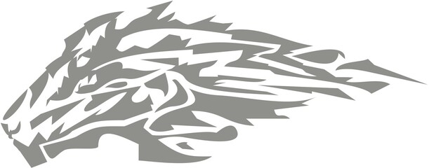 Flaming wolf head symbol in gray and white tones. Predator symbol for tattoo, sports emblems, embroidery, engraving, logos, prints, posters, stickers, vinyl cutting, etc.