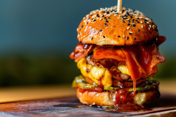 Close up tasty burger with minced meat served on tray