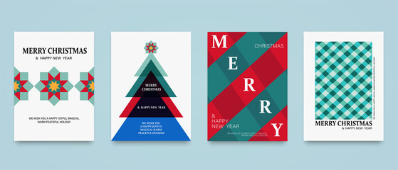 Merry Christmas and Happy New Year set backgrounds, posters, covers or cards. Abstract holiday templates with Christmas tree star, red and green checkered plaid texture.