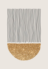 Abstract Modern Line Art in Black and Gold Glitter on Cream