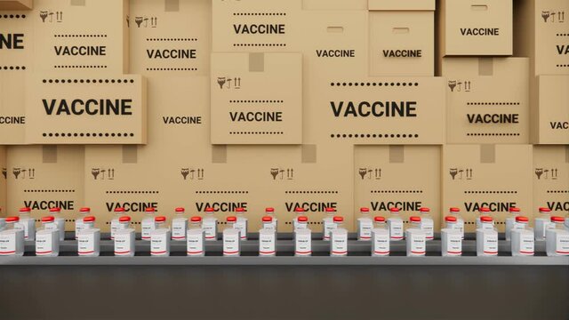 Vaccine bottles on the production line. Coronavirus vaccine has been certified and ready to injection. Many families are waiting to be vaccination from covid-19 and sars, loop 3d render animation.