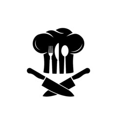 Chef logo with chef's hat and knives icon isolated on white background