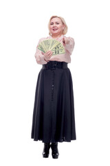 Young happy blinde woman with dollars in hand