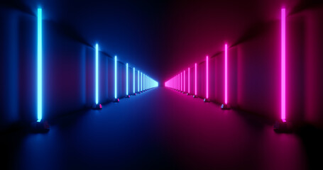 3d rendering dark tunnel with blue and pink neon light.