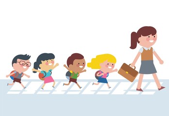 Students of various ethnic schools are crossing the street on a zebra cross led by their female teacher. Flat Illustration style.