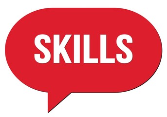SKILLS text written in a red speech bubble