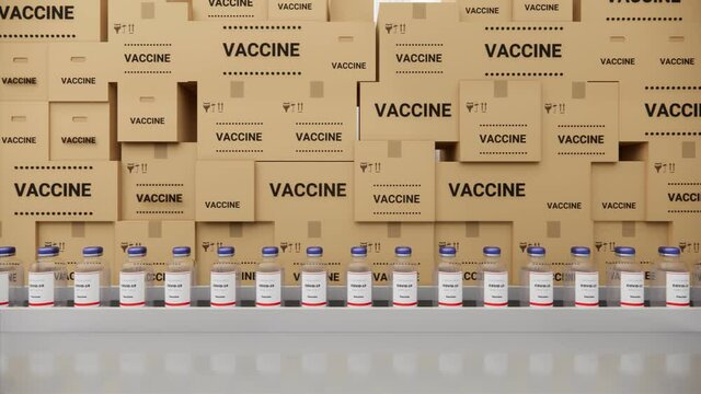 Vaccine bottles on the production line. Coronavirus vaccine has been certified and ready to injection. Many families are waiting to be vaccination from covid-19 and sars, loop 3d render animation.