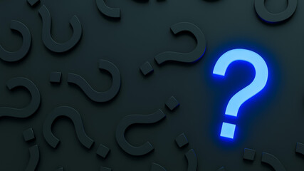 Blue glowing question mark on a background black and grey signs. 3D Rendering