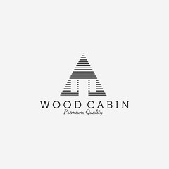 Wooden Cabin House Logo Line Art Design Vector Illustration Icon, Cabin Forest, Cottage, Wood Cabin