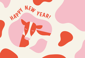 カラフルな牛のイラストの年賀状