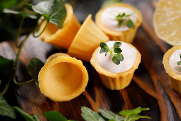 Canapes with light cream filling. Still life with microgreens. The concept of an appetizing snack.