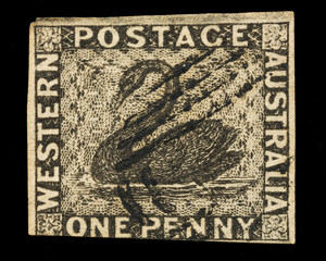 The first postage stamp of Western Australia, an 1854 one penny black depicting a black swan