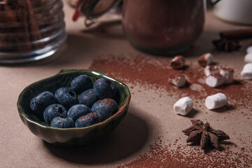 Blueberry berries close up on brown background