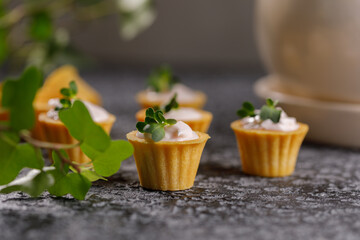 Canapes with light cream filling. Still life with microgreens. The concept of an appetizing snack.