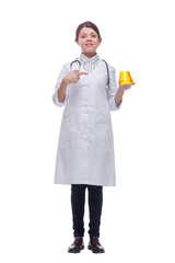 Beautiful woman doctor with yellow liquid in a flask