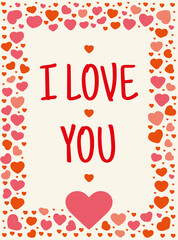 Lettering I love you with monochrome frame made of hearts in doodle style